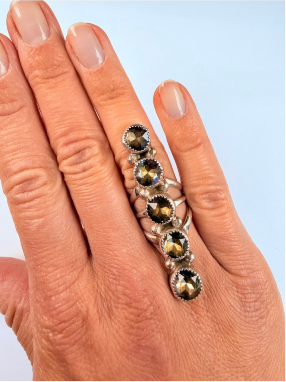 Native American Navajo Brugh Tsosie Snake EyeSterling Silver Elongated 2" Ring